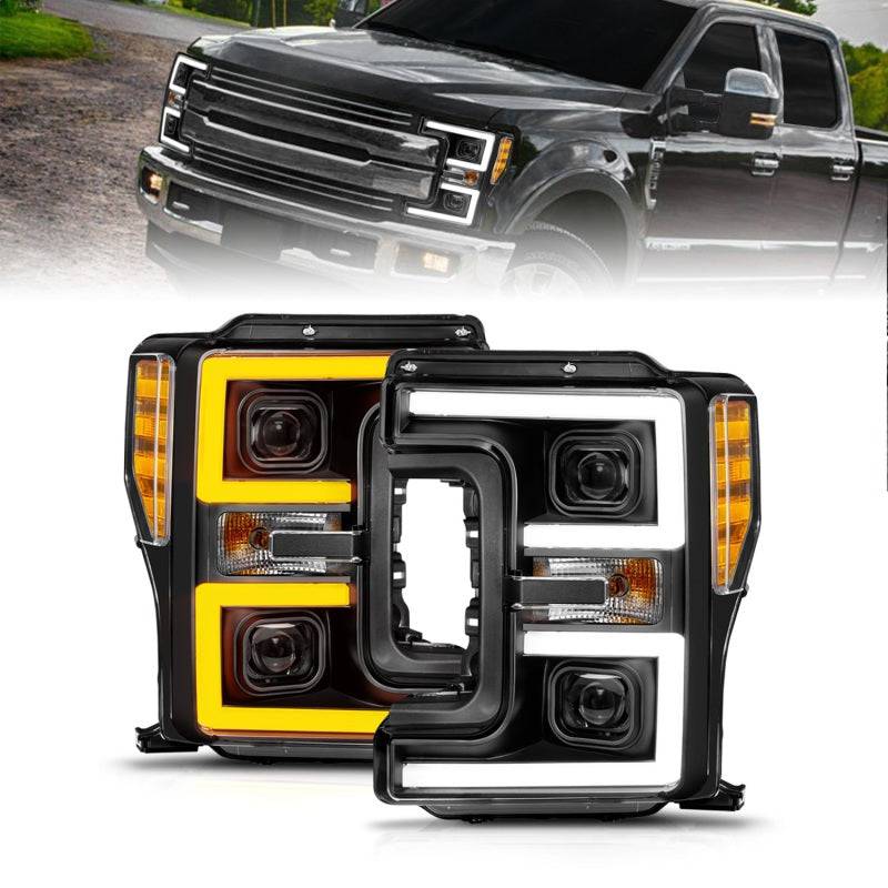 ANZO 17-19 Ford F-250/350/450 SD (w/o Factory LED) LED Proj Headlights w/Light Bar Switchback Blk - Mammoth Racing -