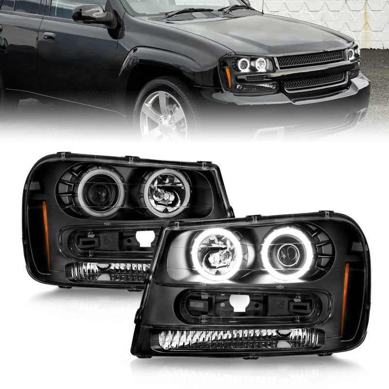 ANZO 02-09 Chevrolet Trailblazer (Will Not Fit 06-09 LT) Projector Headlights w/Halo Black Housing - Mammoth Racing -