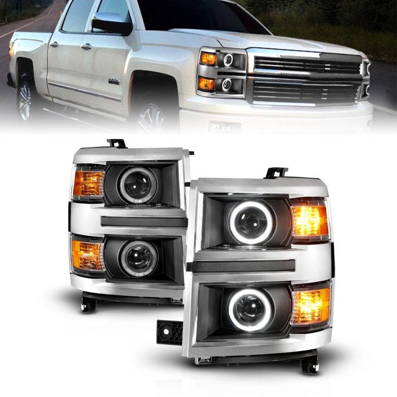 ANZO 14-15 Chevrolet Silverado 1500 Projector Headlights w/ Halo Black Housing w/ Chrome Trim - Mammoth Racing -