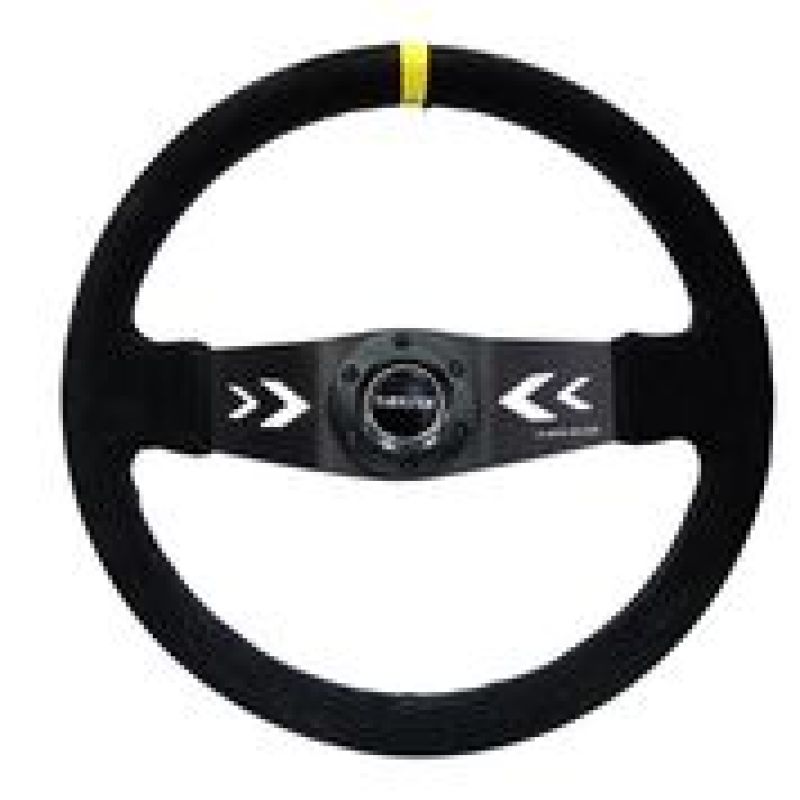 NRG Reinforced Steering Wheel (350mm / 3in. Deep) Blk Suede w/NRG Arrow Cut 2-Spoke & Yellow Mark - My Store