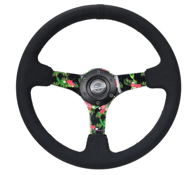 NRG Reinforced Steering Wheel (350mm / 3in. Deep) Black Suede w/ 5mm Floral 3-Spoke Center - My Store