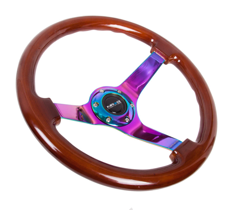 NRG Reinforced Steering Wheel (350mm / 3in. Deep) Classic Dark Wood w/4mm Neochrome Solid 3-Spoke - My Store