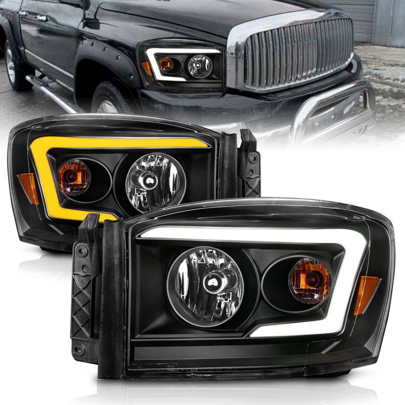Anzo 06-09 Dodge RAM 1500/2500/3500 Headlights Black Housing/Clear Lens (w/Switchback Light Bars) - Mammoth Racing -