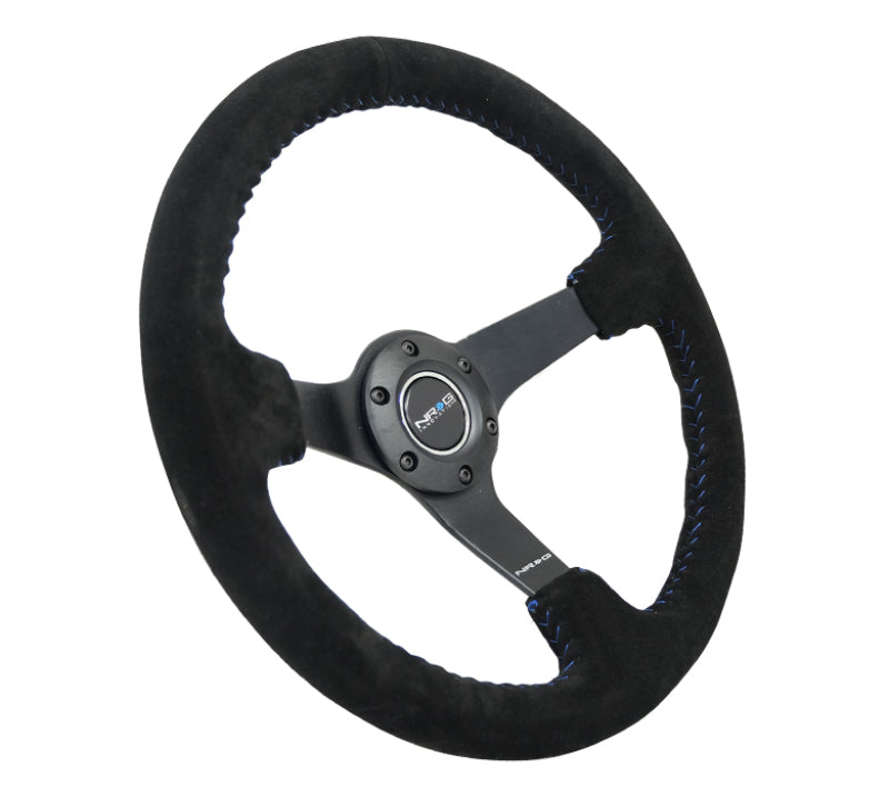 NRG Reinforced Steering Wheel (350mm / 3in. Deep) Blk Suede/Blue BBall Stitch w/5mm Matte Blk Spokes - My Store