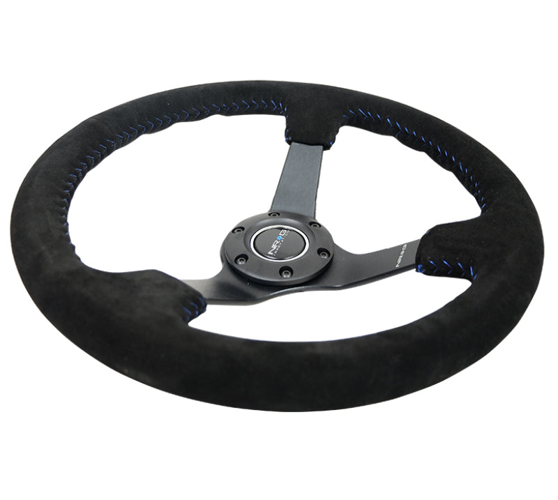 NRG Reinforced Steering Wheel (350mm / 3in. Deep) Blk Suede/Blue BBall Stitch w/5mm Matte Blk Spokes - My Store