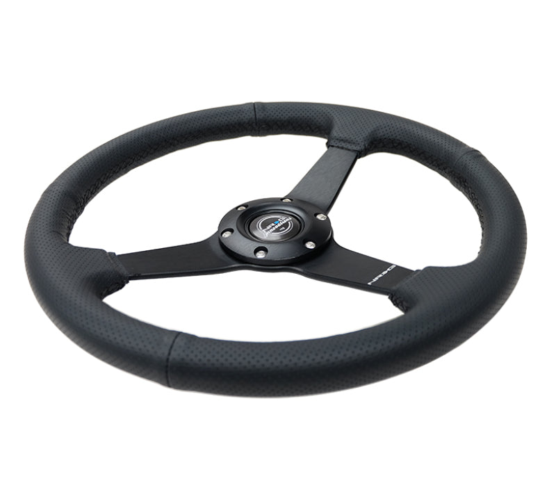 NRG Sport Steering Wheel (350mm / 1.5in Deep) Black Leather Black Stitch w/Matte Black Solid Spokes - My Store