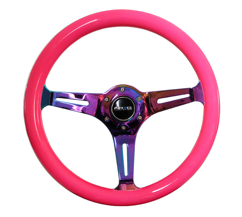 NRG Classic Wood Grain Steering Wheel (350mm) Neon Pink Painted Grip w/Neochrome 3-Spoke Center - My Store