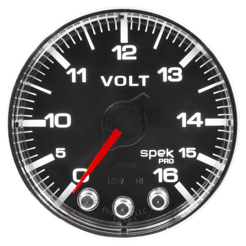 Autometer Spek-Pro Gauge Voltmeter 2 1/16in 16V Stepper Motor W/Peak & Warn Blk/Chrm - My Store