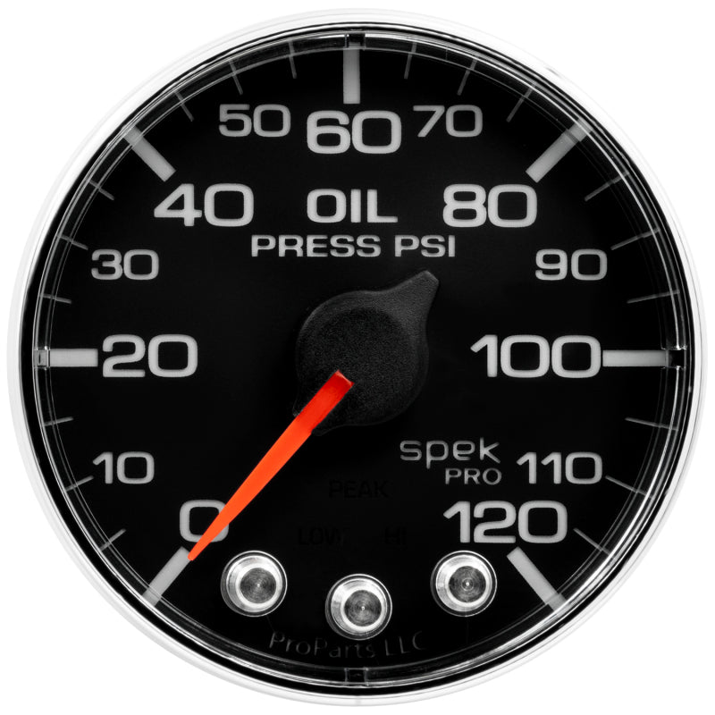 Autometer Spek-Pro Gauge Oil Press 2 1/16in 120psi Stepper Motor W/Peak & Warn Blk/Chrm - My Store