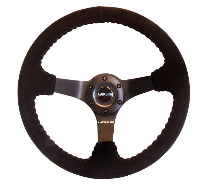 NRG Reinforced Steering Wheel (350mm / 3in. Deep) Blk Suede w/Blk BBall Stitch (Odi Bakchis Edition) - My Store