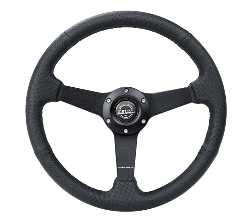 NRG Sport Steering Wheel (350mm / 1.5in Deep) Black Leather Black Stitch w/Matte Black Solid Spokes - My Store