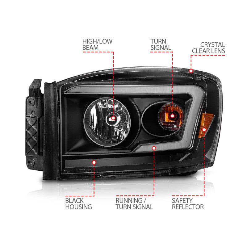 Anzo 06-09 Dodge RAM 1500/2500/3500 Headlights Black Housing/Clear Lens (w/Switchback Light Bars) - Mammoth Racing -