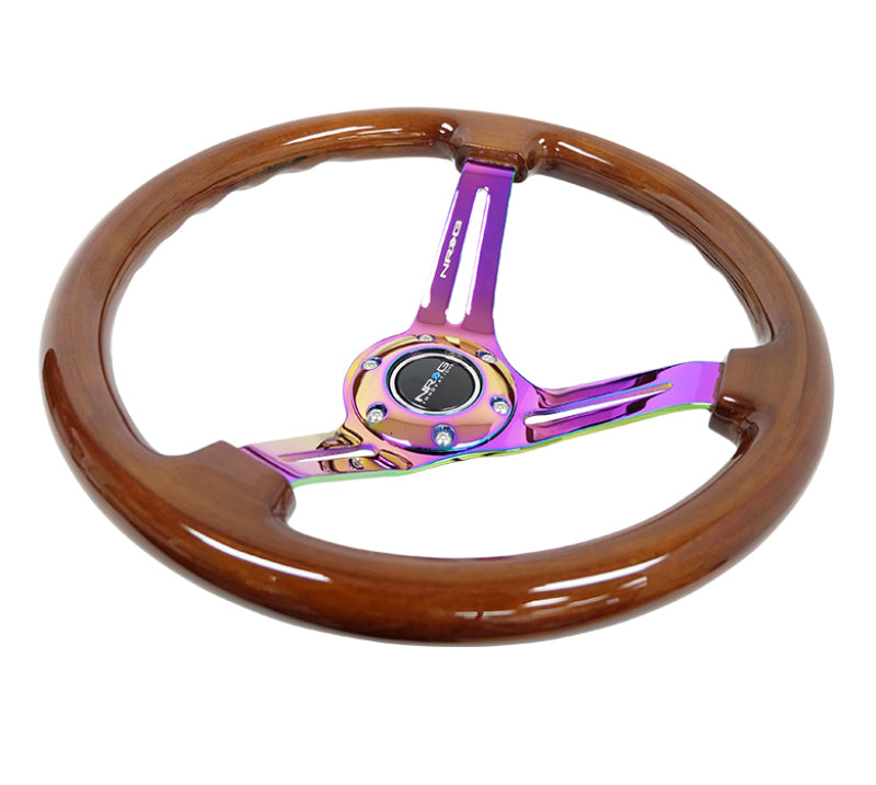 NRG Reinforced Steering Wheel (350mm / 3in. Deep) Brown Wood w/Blk Matte Spoke/Neochrome Center Mark - My Store
