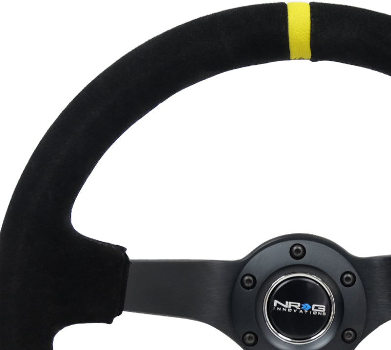 NRG Reinforced Steering Wheel (350mm / 3in. Deep) Blk Suede/X-Stitch w/5mm Blk Spoke & Yellow CM - My Store