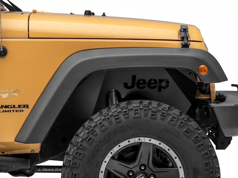 Officially Licensed Jeep 07-18 Wrangler JK Aluminum Inner Fender Liners w/ Jeep Logo- Front-Txt Blk - Mammoth Racing -