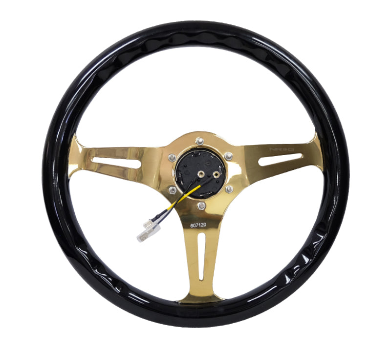 NRG Classic Wood Grain Steering Wheel (350mm) Black Grip w/Chrome Gold 3-Spoke Center - My Store