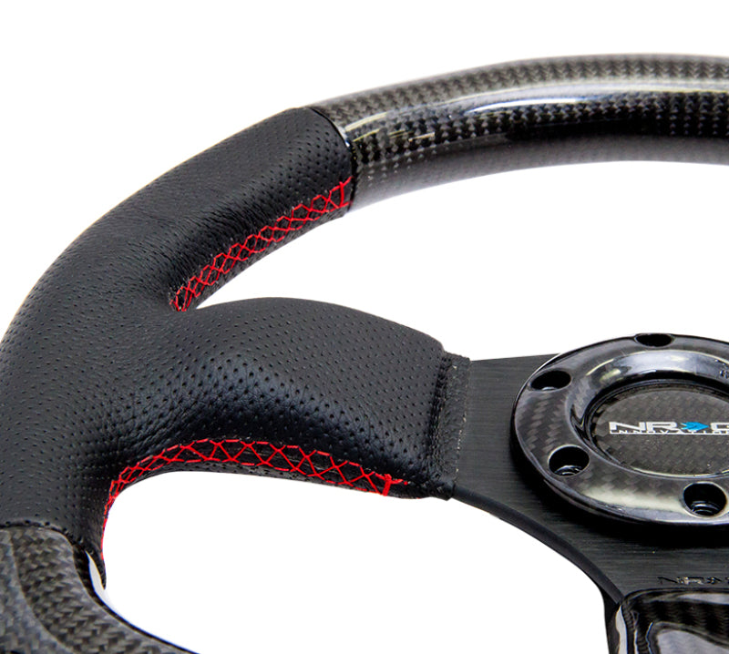 NRG Carbon Fiber Steering Wheel (320mm) Flat Bottom & Leather Trim w/Red Stitching - My Store