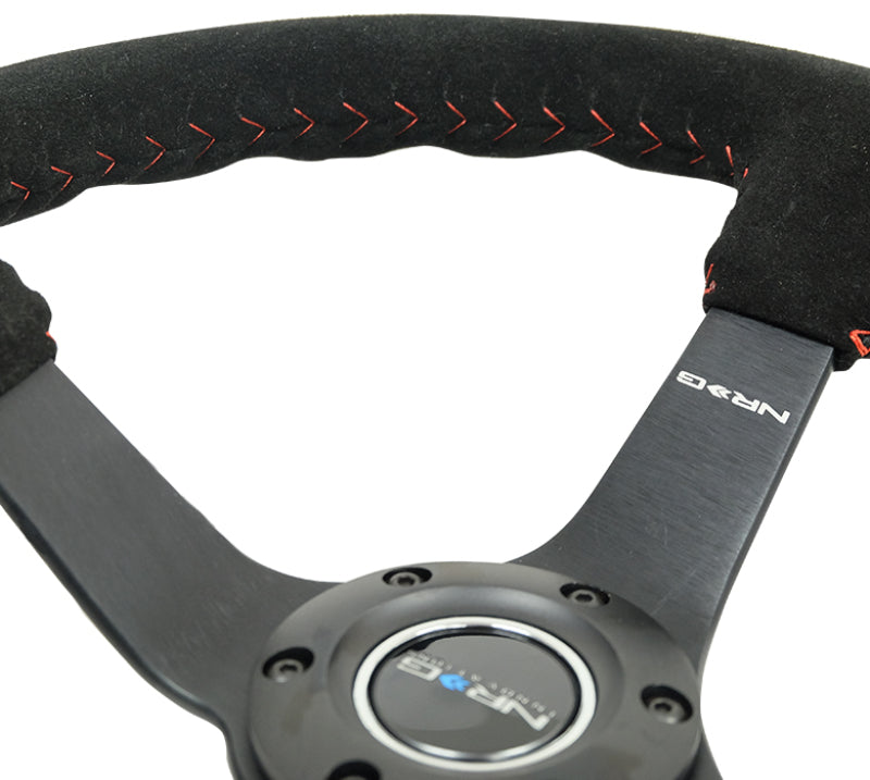 NRG Reinforced Steering Wheel (350mm / 3in. Deep) Blk Suede/Red BBall Stitch w/5mm Matte Blk Spokes - My Store
