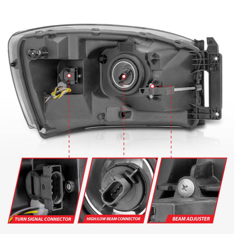 Anzo 06-09 Dodge RAM 1500/2500/3500 Headlights Black Housing/Clear Lens (w/Switchback Light Bars) - Mammoth Racing -