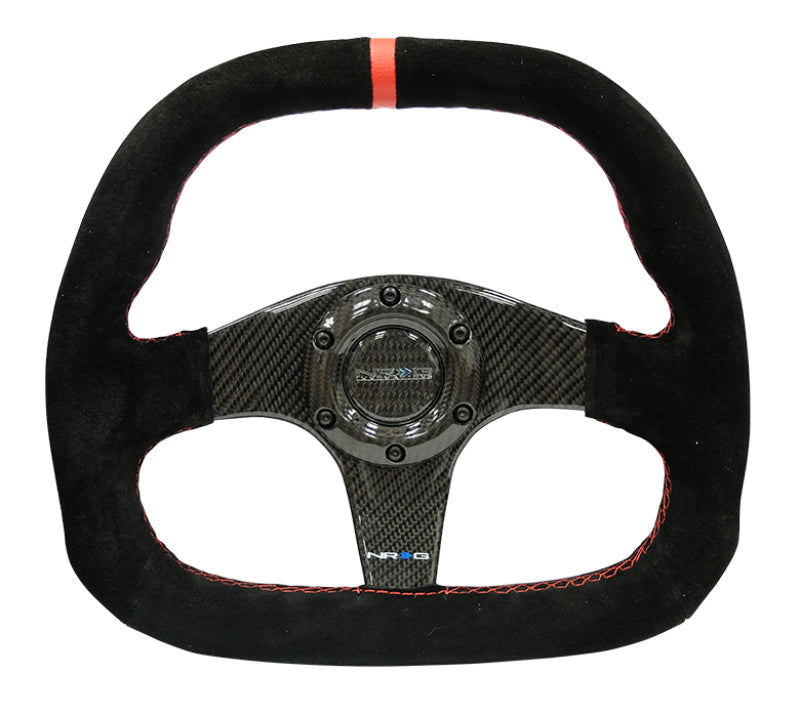 NRG Carbon Fiber Steering Wheel (320mm) Flat Btm. Blk Suede/Red Stitch w/CF Spokes & Red Center Mark - My Store