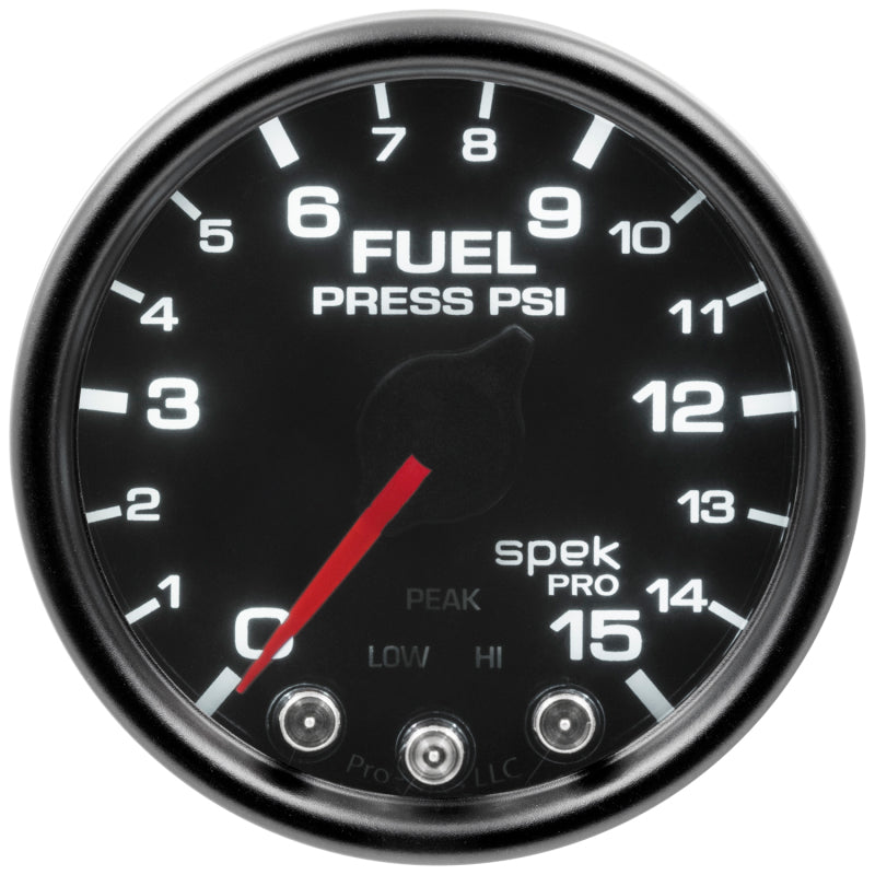 Autometer Spek-Pro Gauge Fuel Press 2 1/16in 15psi Stepper Motor W/Peak & Warn Blk/Smoke/Blk - My Store