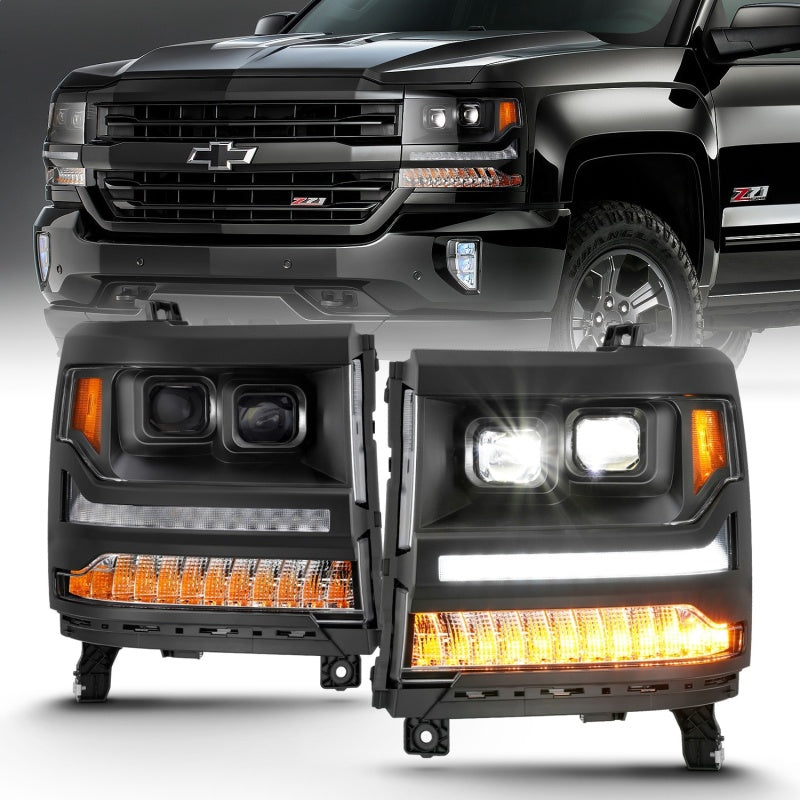 ANZO 16-18 Chevrolet Silverado 1500 LED Projector Headlights w/Plank Style Switchback Black w/ Amber - Mammoth Racing -