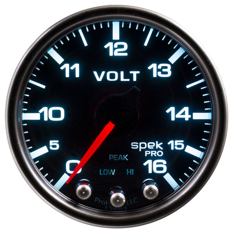 Autometer Spek-Pro Gauge Voltmeter 2 1/16in 16V Stepper Motor W/Peak & Warn Blk/Smoke/Blk - My Store