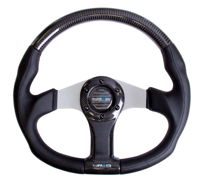 NRG Carbon Fiber Steering Wheel (350mm) Silver Oval Shape w/Leather Trim - My Store