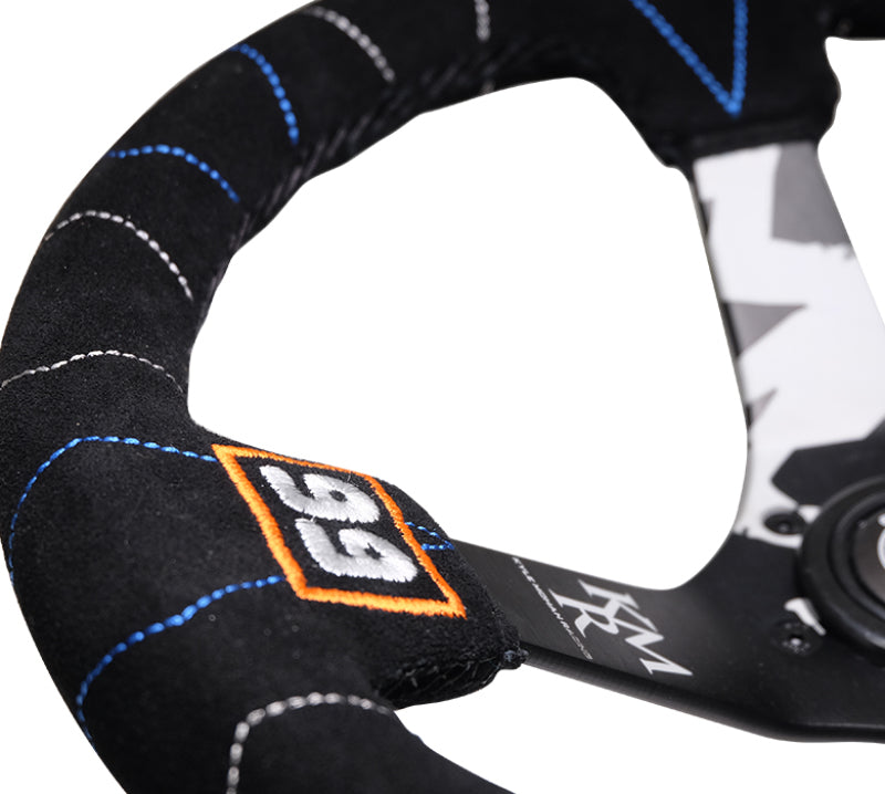 NRG Reinforced Steering Wheel (350mm / 3in. Deep) Blk Suede w/Color Stitch (Kyle Mohan Edition) - My Store
