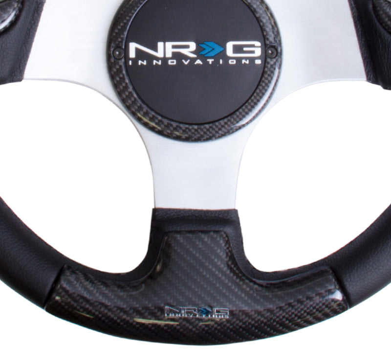 NRG Carbon Fiber Steering Wheel (350mm) Silver Frame Blk Stitching w/Rubber Cover Horn Button - My Store