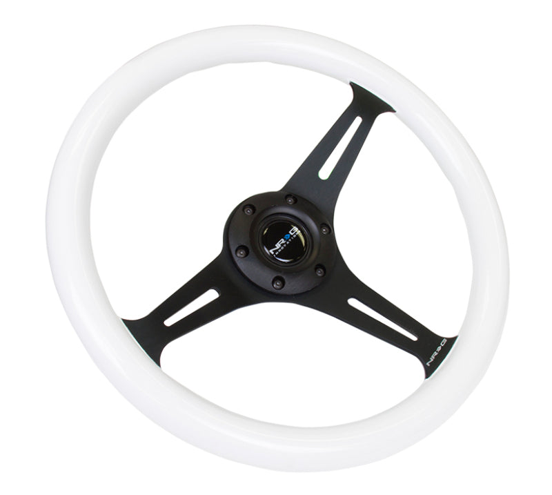 NRG Classic Wood Grain Steering Wheel (350mm) Glow-N-The-Dark Green Grip w/Black 3-Spoke Center - My Store