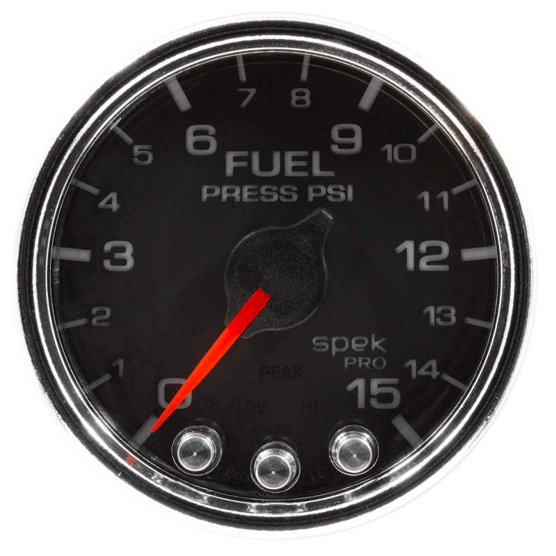 Autometer Spek-Pro Gauge Fuel Press 2 1/16in 15psi Stepper Motor W/Peak & Warn Blk/Chrm - My Store