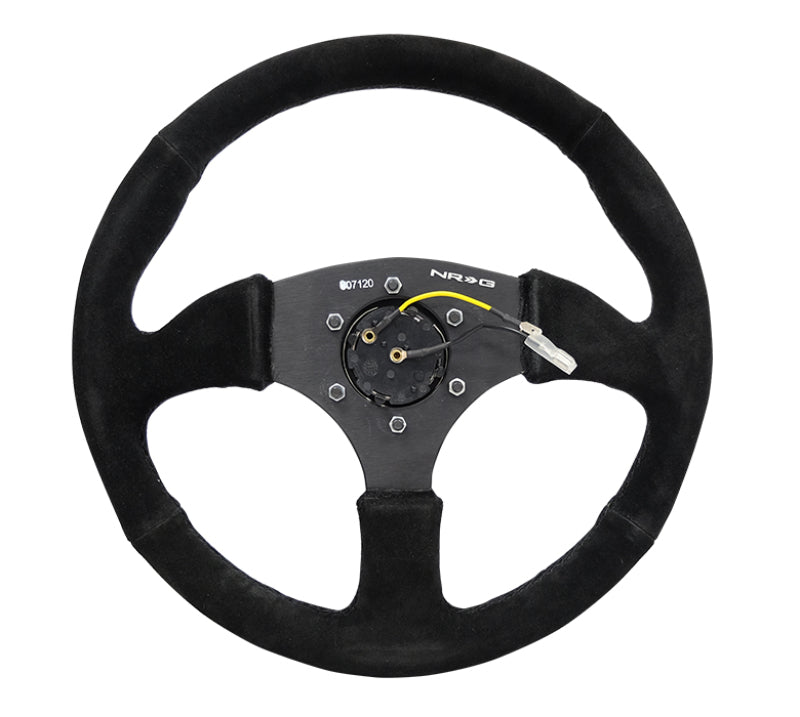NRG Reinforced Steering Wheel (350mm / 2.5in. Deep) Blk Suede Comfort Grip w/5mm Matte Blk Spokes - My Store