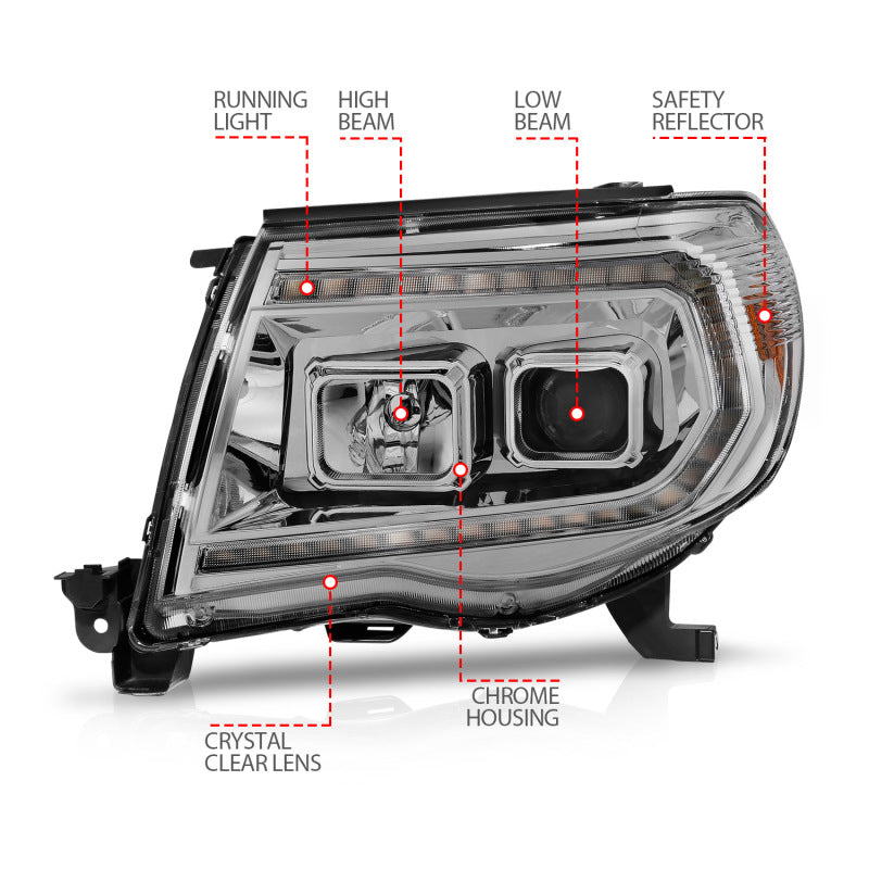 ANZO 05-11 Toyota Tacoma Projector Headlights w/Light Bar Switchback Chrome Housing - Mammoth Racing -