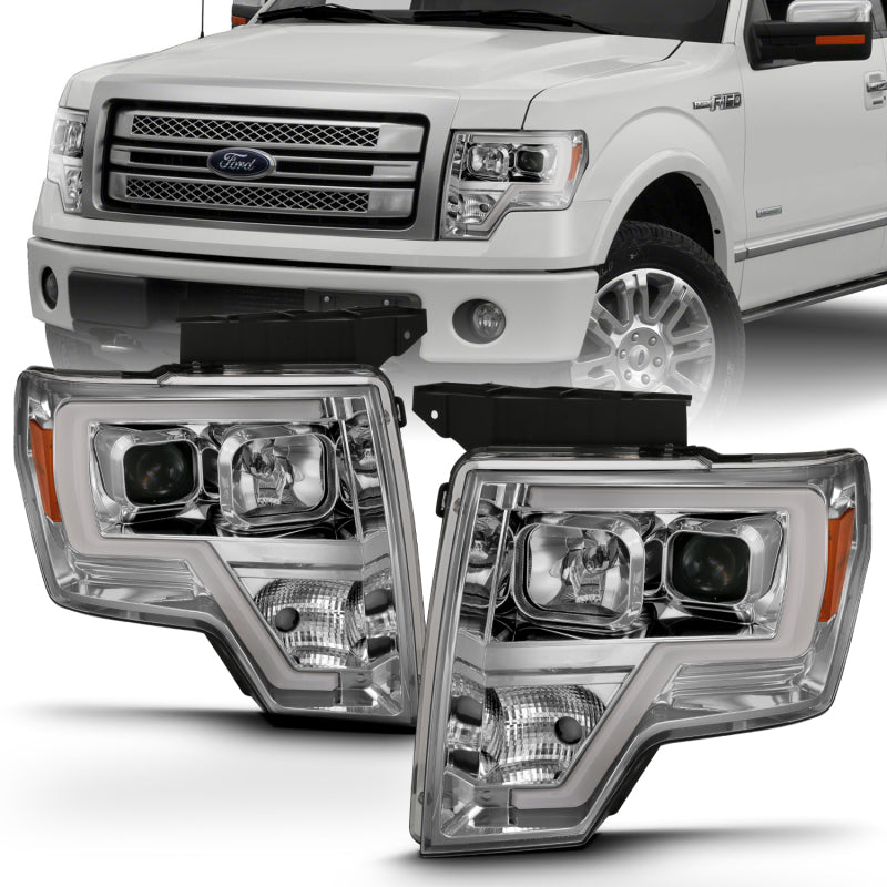 ANZO 2009-2014 Ford F-150 Projector Headlight Plank Style Chrome Amber - Mammoth Racing -