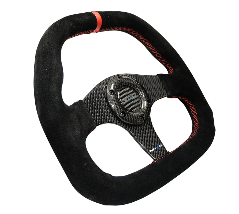 NRG Carbon Fiber Steering Wheel (320mm) Flat Btm. Blk Suede/Red Stitch w/CF Spokes & Red Center Mark - My Store