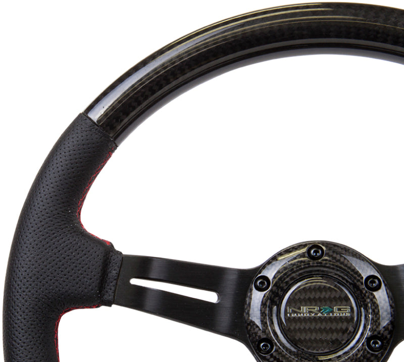 NRG Carbon Fiber Steering Wheel (350mm /1.5in. Deep) Leather Trim w/Red Stitch & Slit Cutout Spokes - My Store