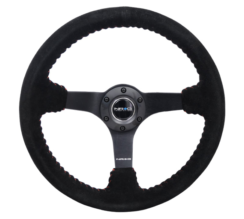 NRG Reinforced Steering Wheel (350mm / 3in. Deep) Blk Suede/Red BBall Stitch w/5mm Matte Blk Spokes - My Store