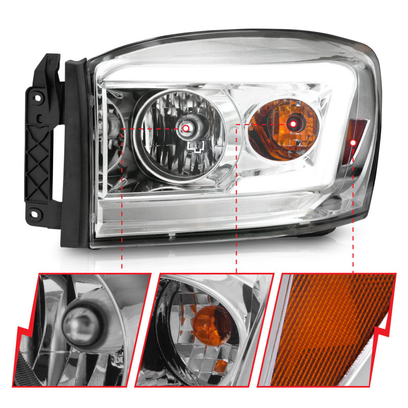 Anzo 06-09 Dodge RAM 1500/2500/3500 Headlights Chrome Housing/Clear Lens (w/ Light Bars) - Mammoth Racing -