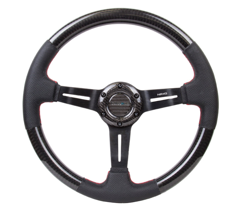 NRG Carbon Fiber Steering Wheel (350mm /1.5in. Deep) Leather Trim w/Red Stitch & Slit Cutout Spokes - My Store