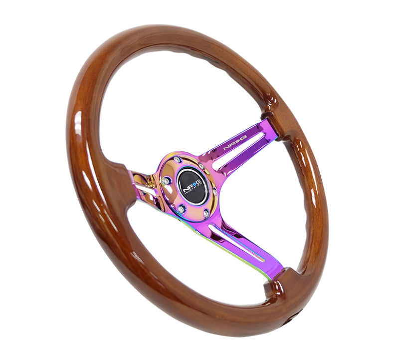 NRG Reinforced Steering Wheel (350mm / 3in. Deep) Brown Wood w/Blk Matte Spoke/Neochrome Center Mark - My Store