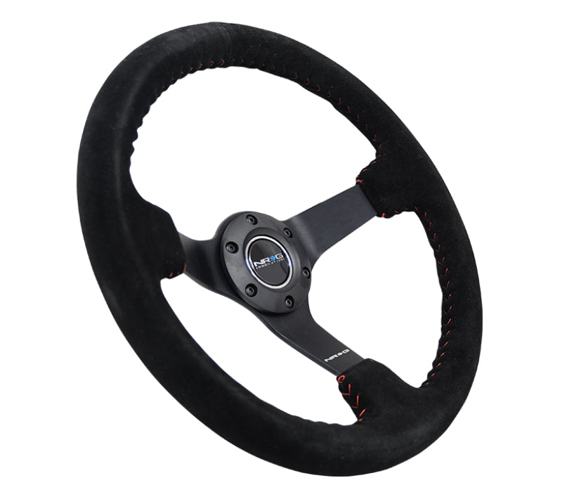 NRG Reinforced Steering Wheel (350mm / 3in. Deep) Blk Suede/Red BBall Stitch w/5mm Matte Blk Spokes - My Store