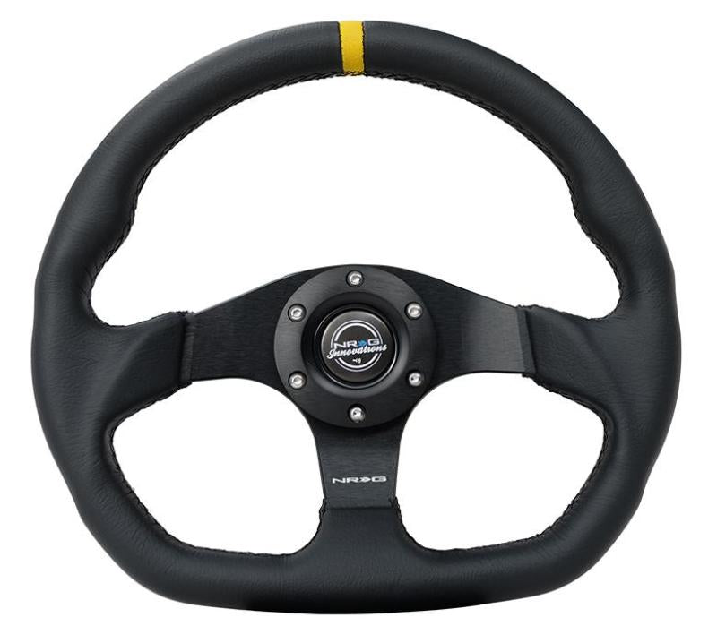 NRG Reinforced Steering Wheel (320mm) Sport Leather Flat Bottom w/ Yellow Center Mark - My Store