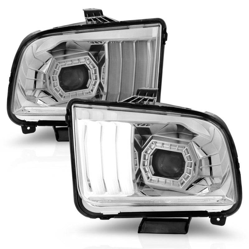 ANZO 05-09 Ford Mustang (w/Factory Halogen HL Only) Projector Headlights w/Light Bar Chrome Housing - Mammoth Racing -