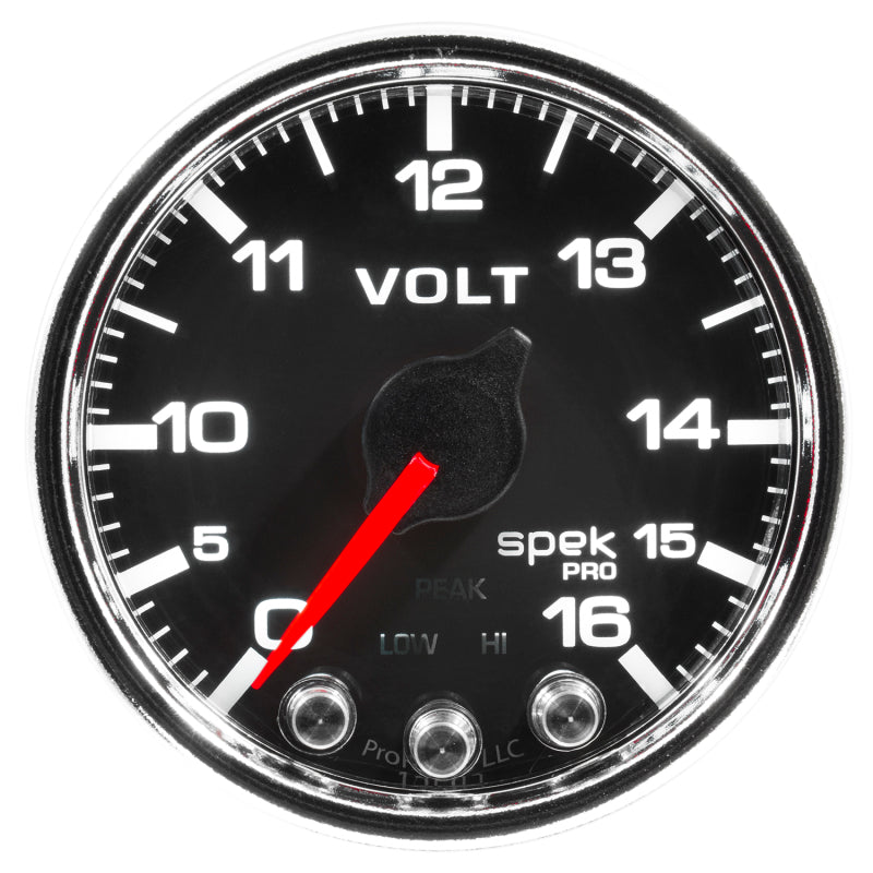 Autometer Spek-Pro Gauge Voltmeter 2 1/16in 16V Stepper Motor W/Peak & Warn Blk/Chrm - My Store