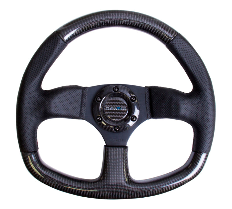 NRG Carbon Fiber Steering Wheel (320mm) Flat Bottom & Leather Trim w/Black Stitching - My Store