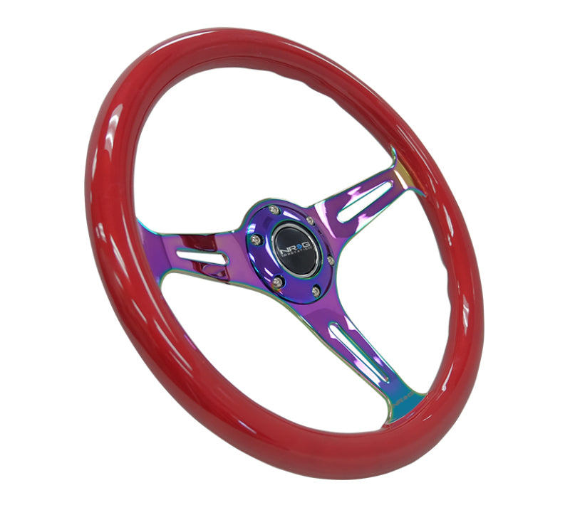 NRG Classic Wood Grain Steering Wheel (350mm) Red Grip w/Neochrome 3-Spoke Center - My Store