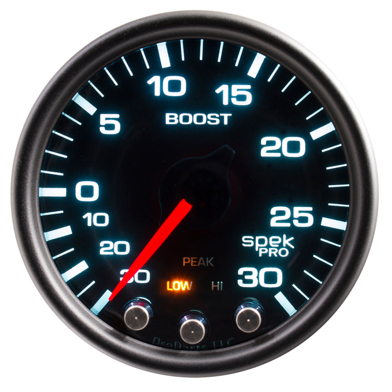 Autometer Spek-Pro Gauge Vac/Boost 2 1/16in 30Inhg-30psi Stepper Motor Peak & Warn Black/Smoke/Black - My Store
