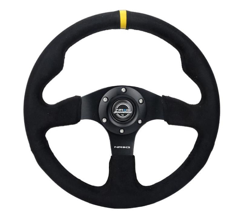 NRG Reinforced Steering Wheel (350mm/ 3in. Deep) Alcantara w/ Yellow Center w/ Black Stitch - My Store