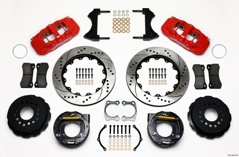 Wilwood Aero4 Rear P-Brake Kit 14.00in Drilled Red Big Ford New Style 2.36in Offset - Mammoth Racing -